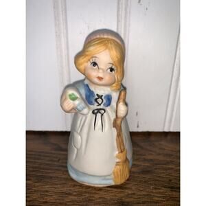 Vtg 1978 Jasco Merri Bells Bisque Porcelain Girl Holding‎ Broom Bell